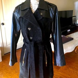 Black leather mid length trench coat